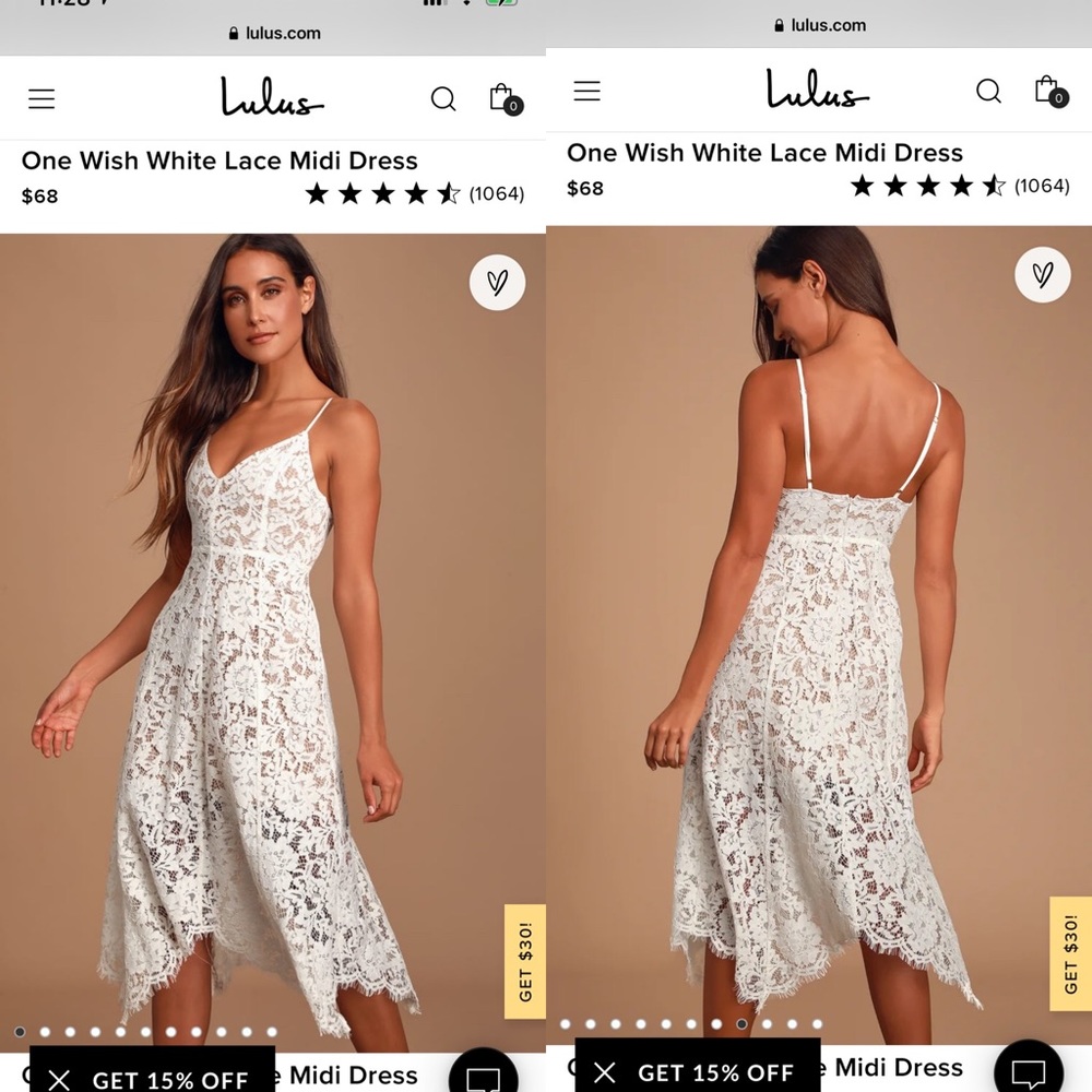 White dress, with lace. Adjustable straps.
